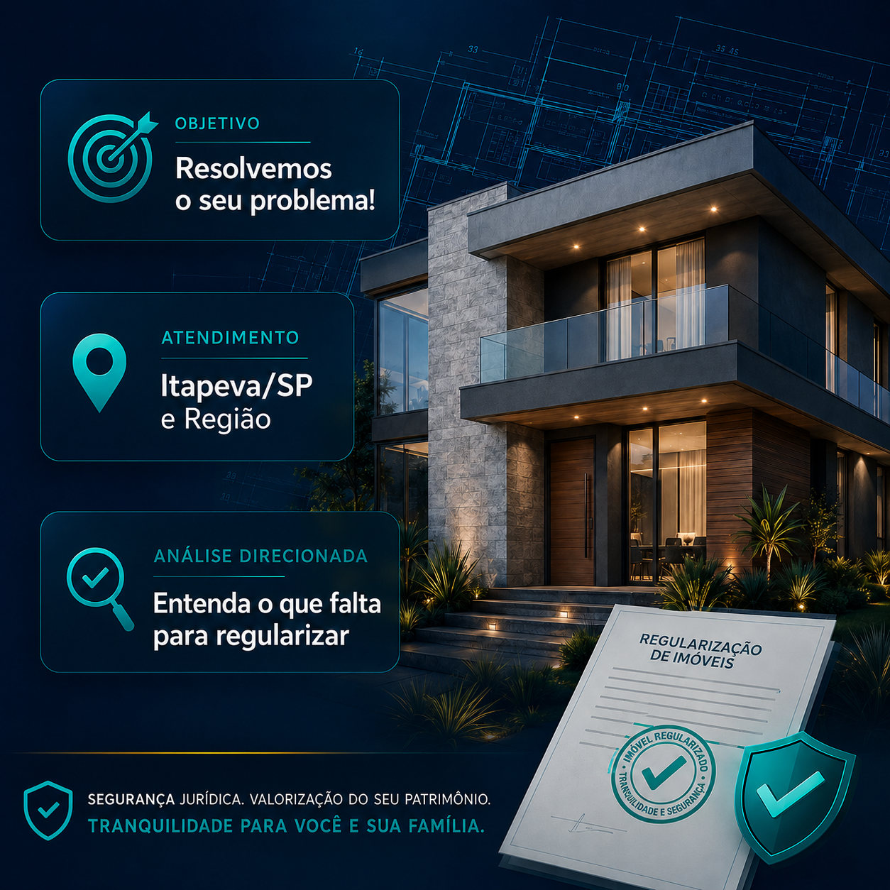 Arte institucional de regularização de imóveis com casa moderna, atendimento em Itapeva e região e análise direcionada
